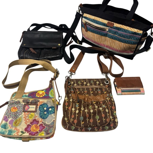 Fossil Handbags - Fossil Bag & Wallet Bundle – Leather & Fabric Crossbody + Tote (5 Pieces)